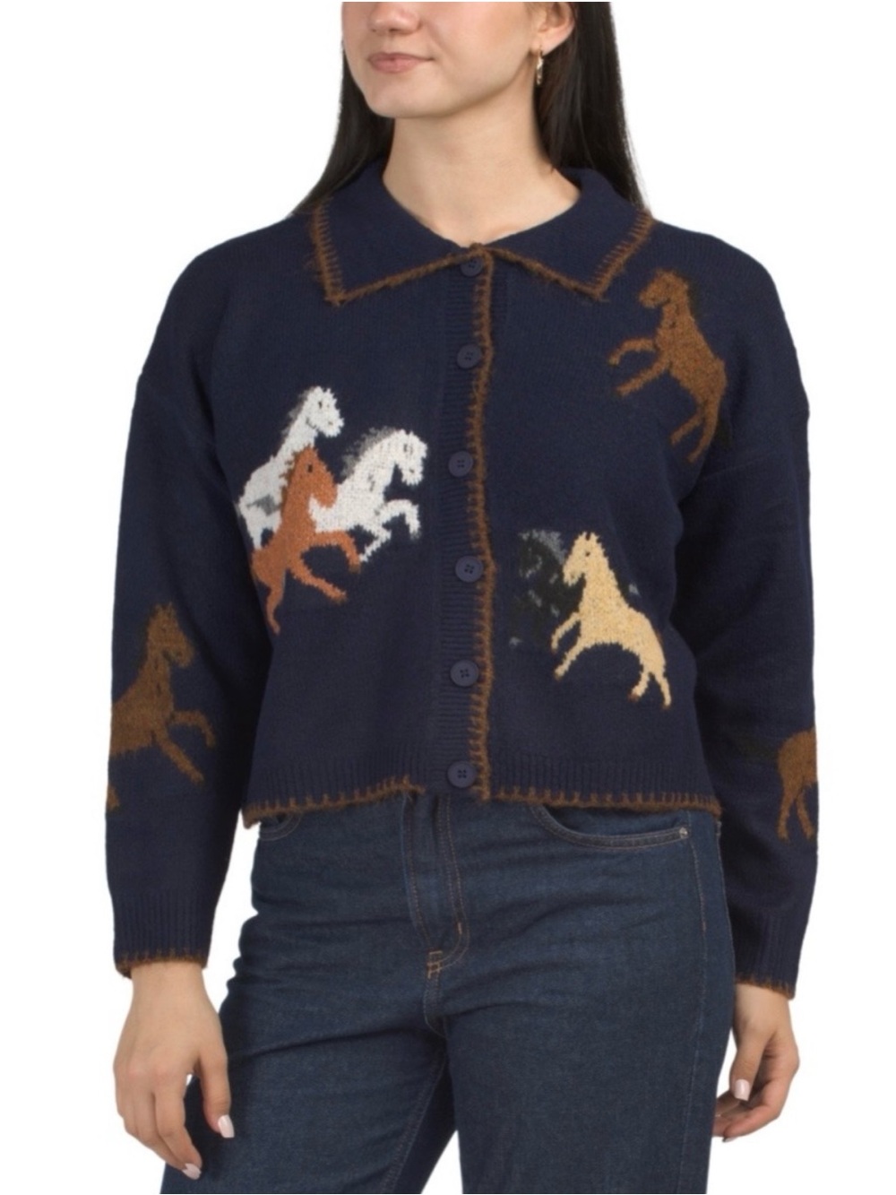 LUNA IVY Anthro Size M/L Navy Blue Horse Motif Sweater